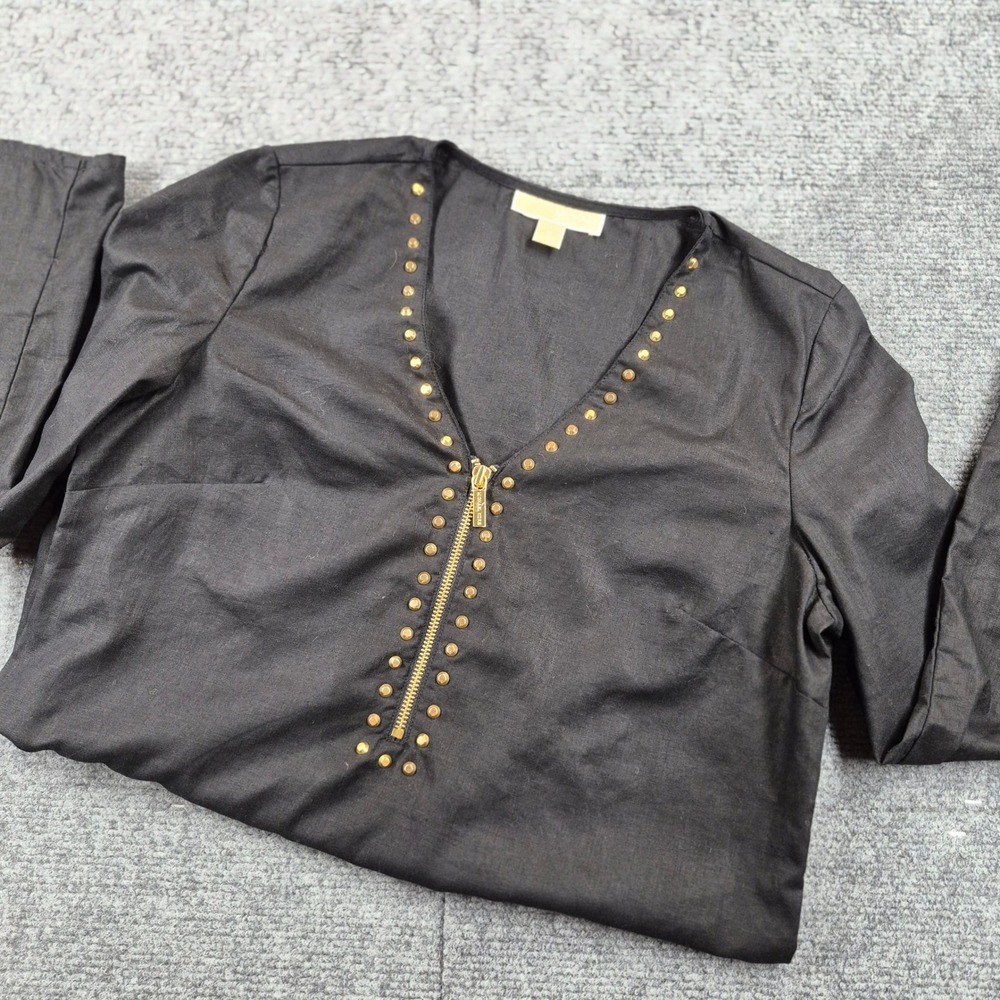 LINEN | Michael Kors Black Studded Zip Linen Tunic Top Blouse Size M